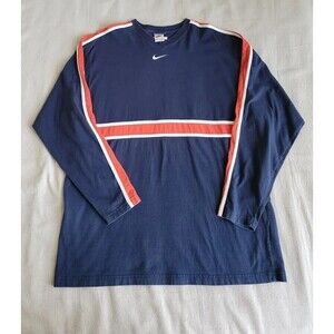 Nike Mens XL T Shirt Center Swoosh Embroidered Logo Blue Orange Stripe Casual